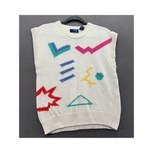 VTG Susan Ess Sweater Vest Womens Sz L White Geometric 90s Ramie Cotton 80s